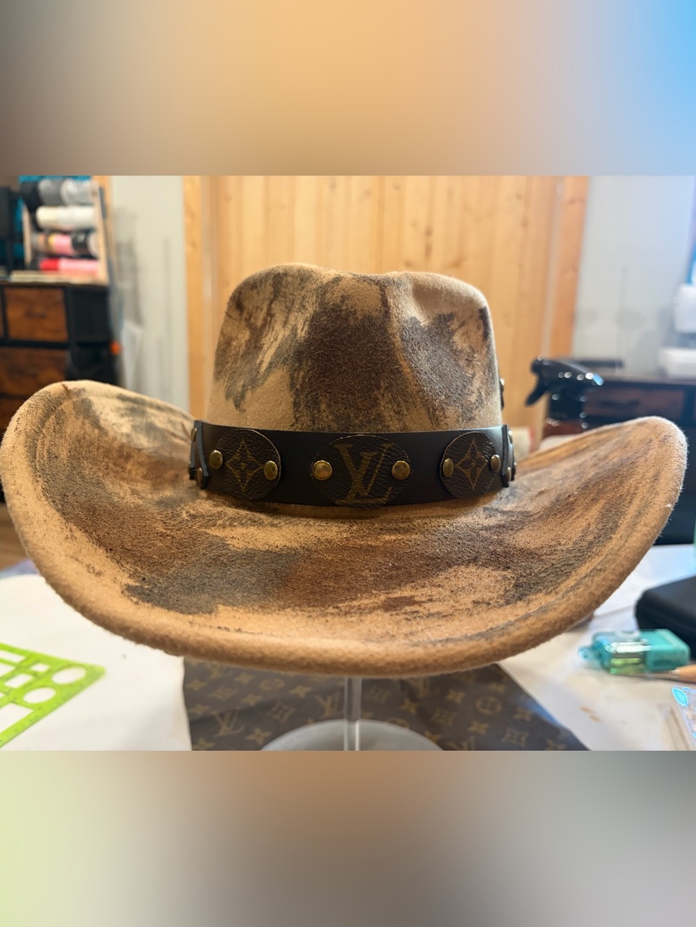 Leather Studded Brown Cowboy Hat Band - Louis Vuitton Upcycled Monogram Accent
